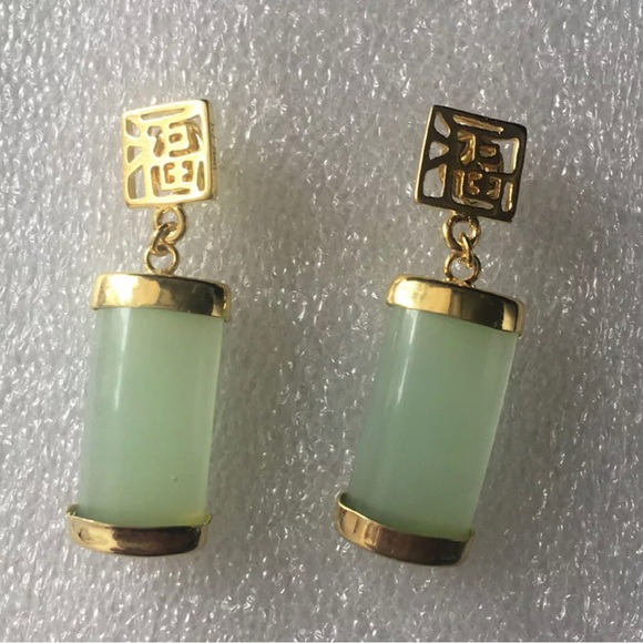 Natural Green Jade 18KGP Fortune Pendant Necklace Drop Earring set 福PENDANT - Picture 3 of 6